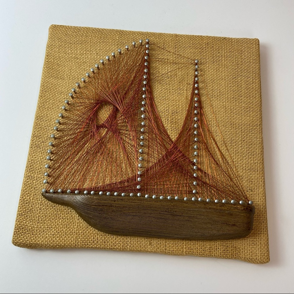 Vintage Style Sailboat Wood Burlap String Wall Art